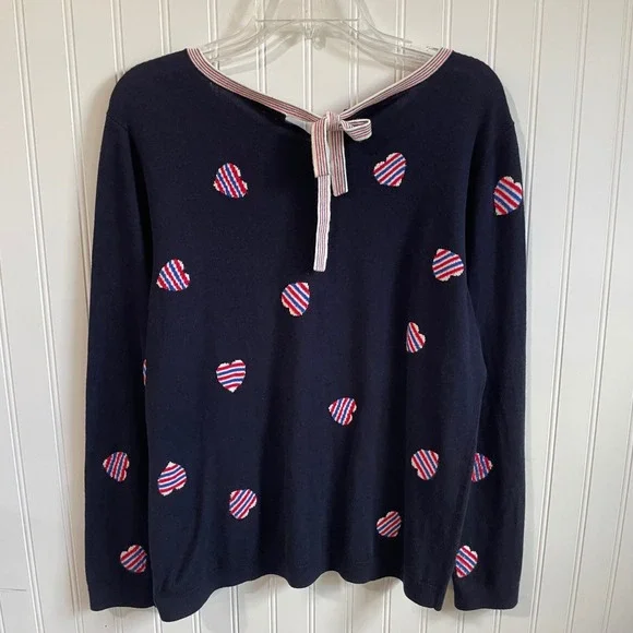 Talbots Patriotic Heart Print Sweater Tie Back Long Sleeve Knit Top Petite Large - Picture 3 of 9